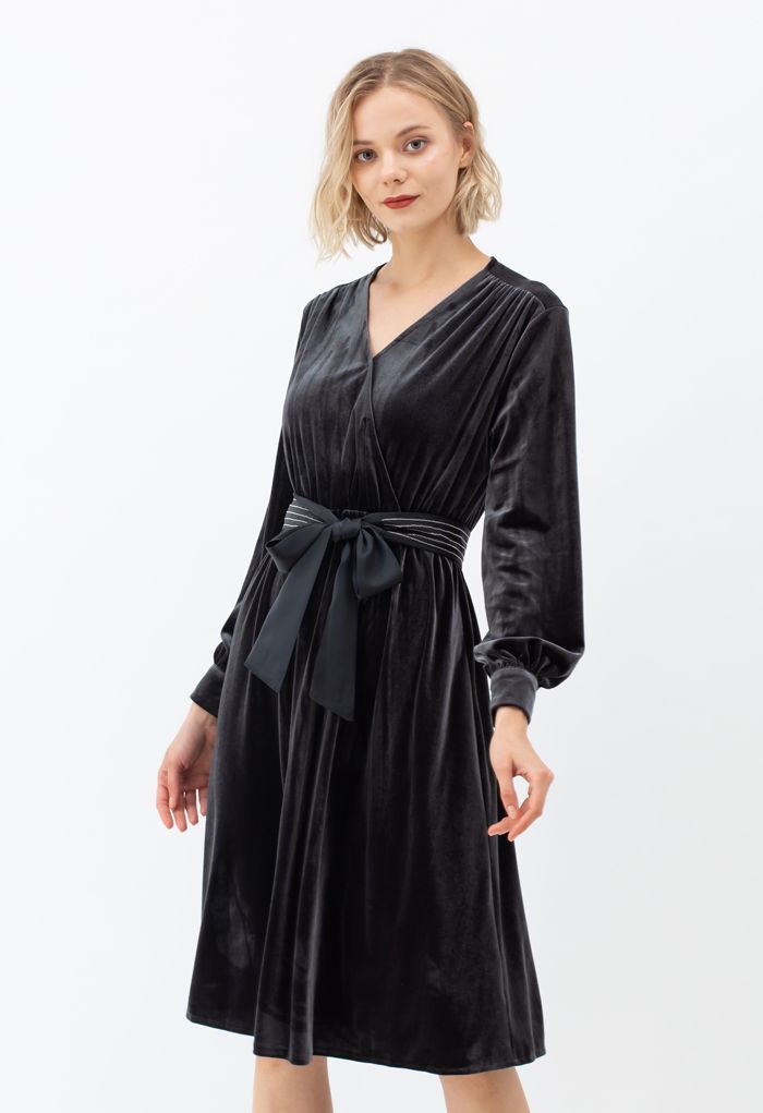 V-Neck Belted Velvet Wrap Dress in Grey - Retro, Indie and Unique Fashion
