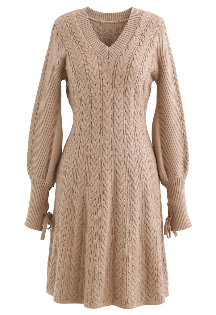 Lace Up Sleeves V-Neck Braid Knit Dress in Camel - Retro, Indie and ...