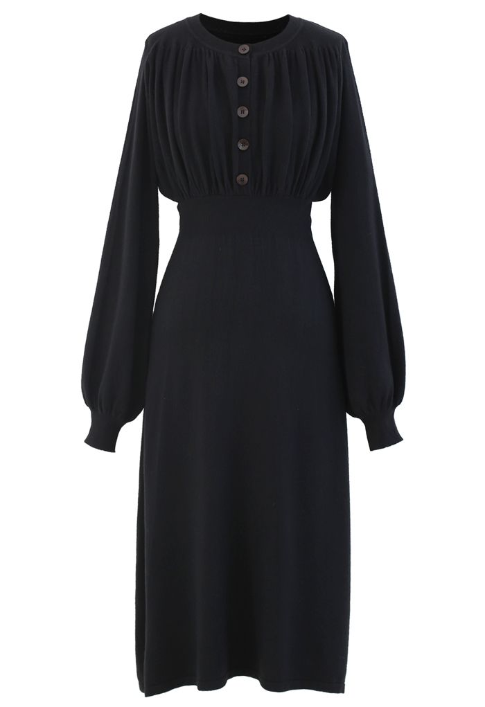 Ruched Buttoned Front Soft Knit Dress in Black - Retro, Indie and ...