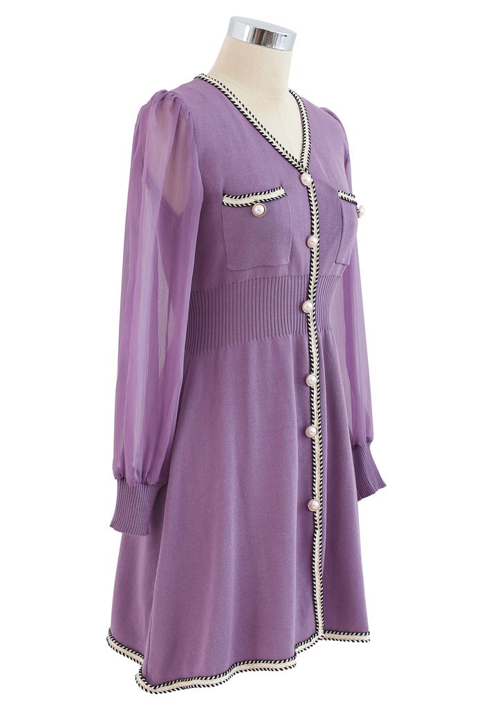 Sheer-Sleeve V-Neck Buttoned Knit Dress in Lilac