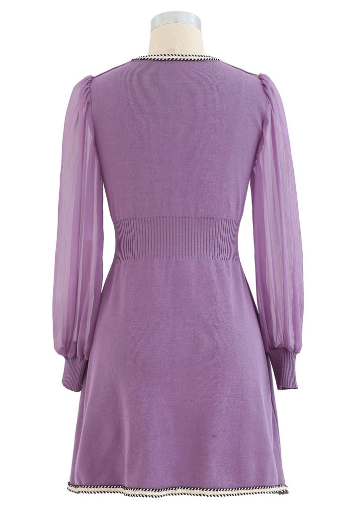 Sheer-Sleeve V-Neck Buttoned Knit Dress in Lilac