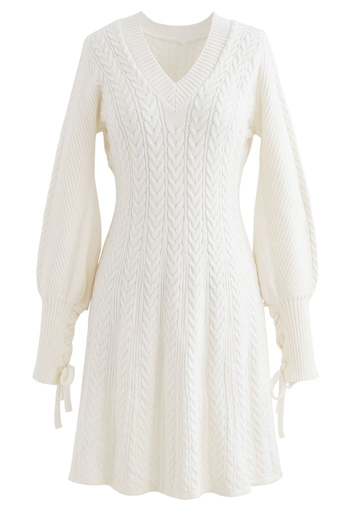 Lace Up Sleeves V-Neck Braid Knit Dress in Ivory - Retro, Indie and ...