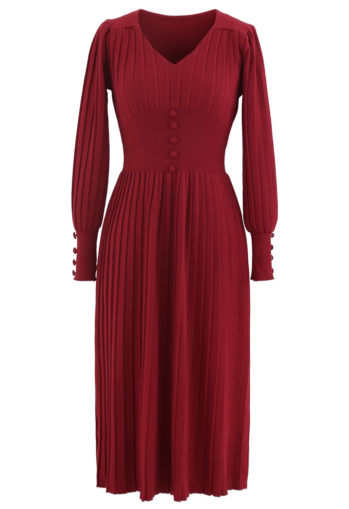Button Decorated Pleated Knit Dress in Red - Retro, Indie and Unique ...