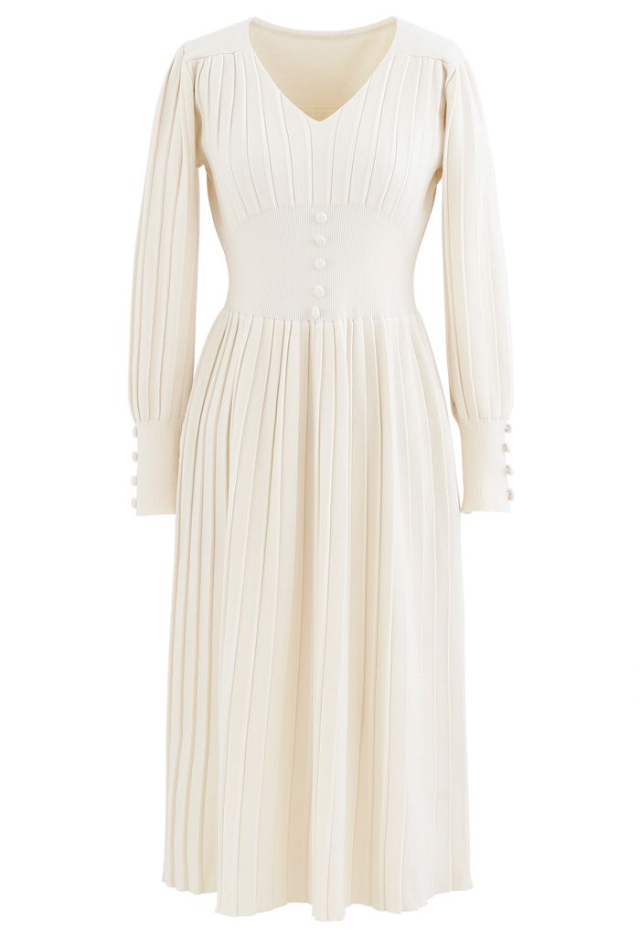 Button Decorated Pleated Knit Dress in Cream - Retro, Indie and Unique ...