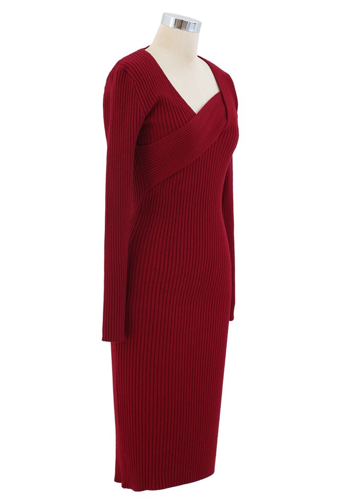 Surplice Wrap Front Ribbed Knit Dress in Red - Retro, Indie and Unique ...