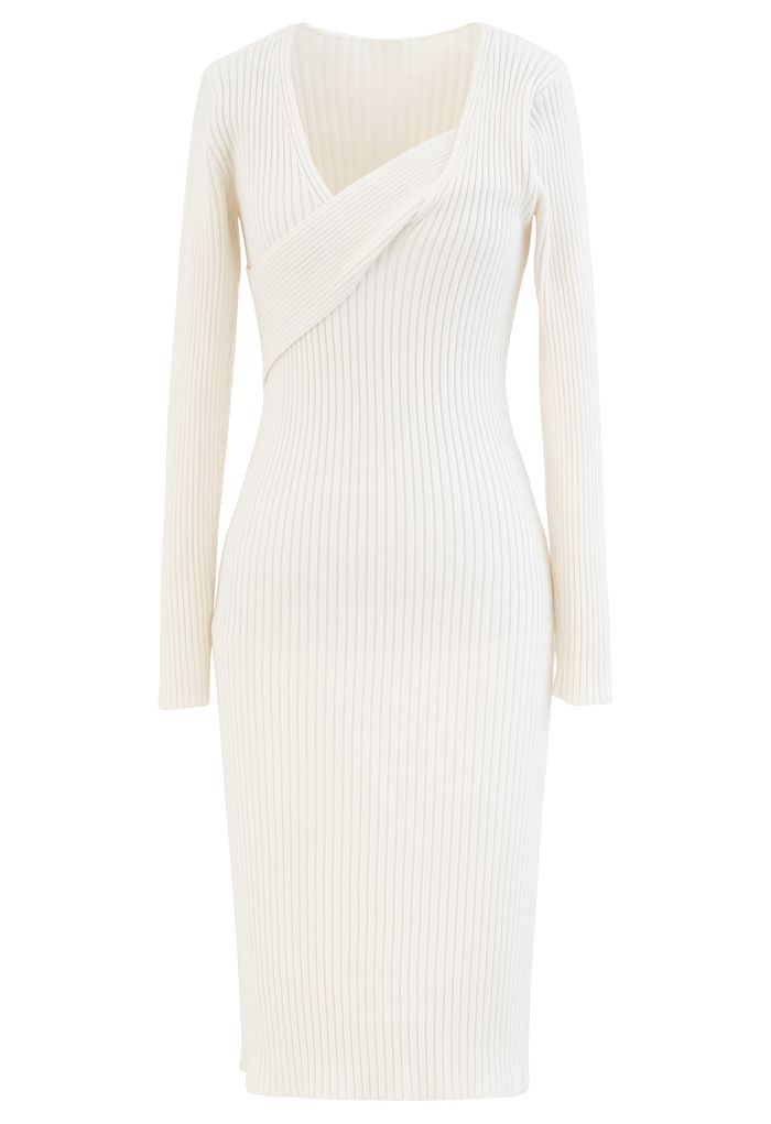 Surplice Wrap Front Ribbed Knit Dress in White - Retro, Indie and ...