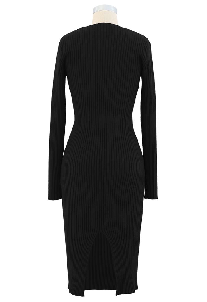 Surplice Wrap Front Ribbed Knit Dress in Black - Retro, Indie and ...