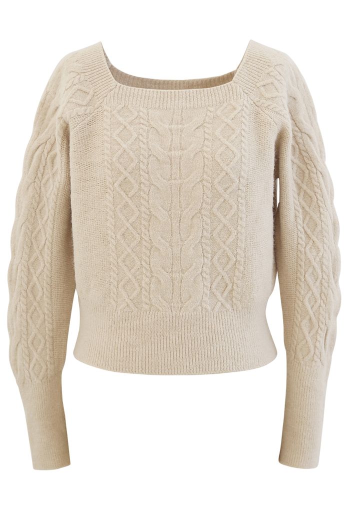 Cropped Square Neck Braid Knit Sweater in Sand - Retro, Indie and ...