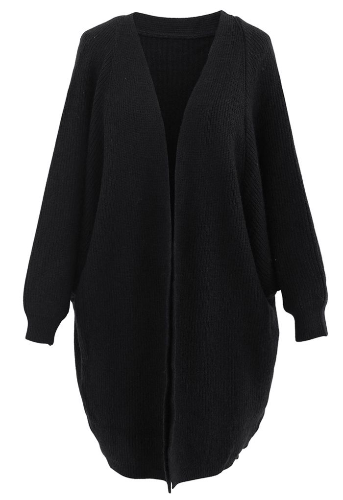 Batwing Ribbed Knit Longline Cardigan in Black - Retro, Indie and ...