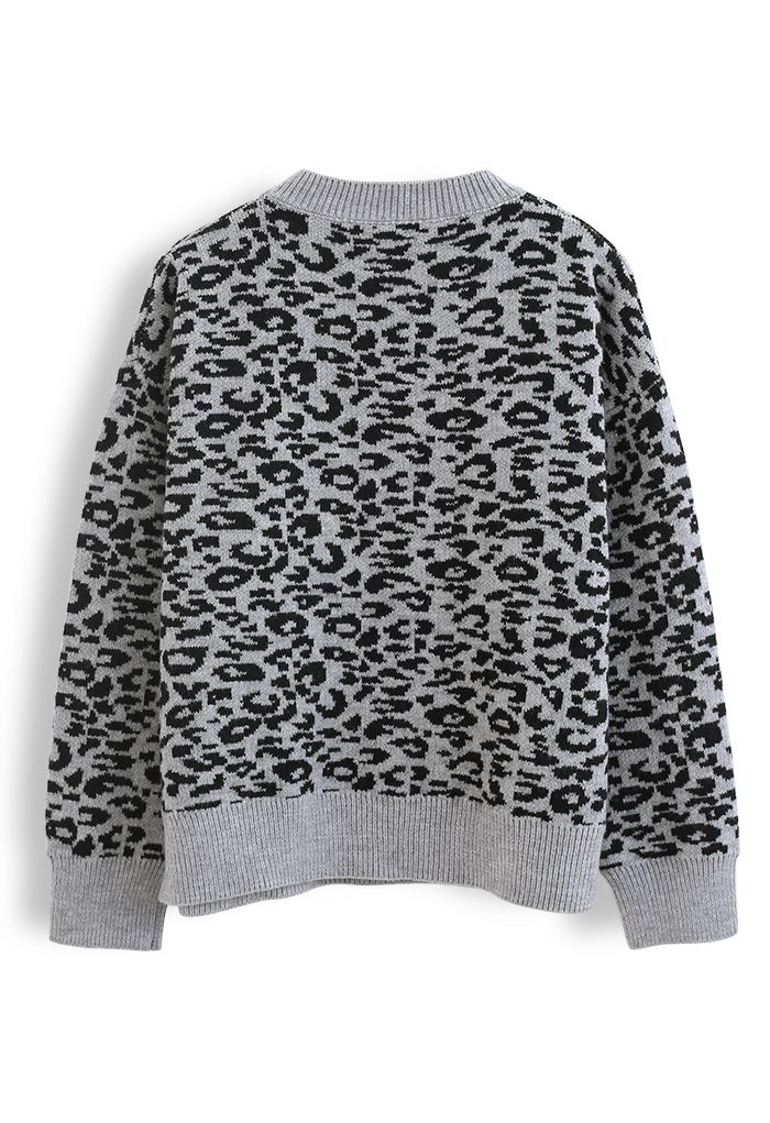 Leopard Pattern Round Neck Knit Sweater in Grey - Retro, Indie and ...