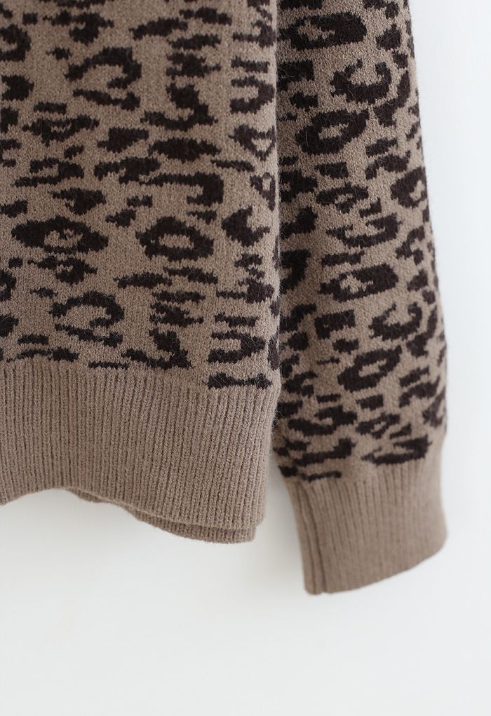 Leopard Pattern Round Neck Knit Sweater in Brown - Retro, Indie and ...