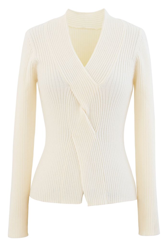 Cross Front Ribbed Knit Top in Cream - Retro, Indie and Unique Fashion