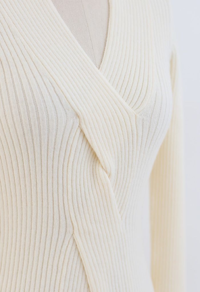 Cross Front Ribbed Knit Top in Cream