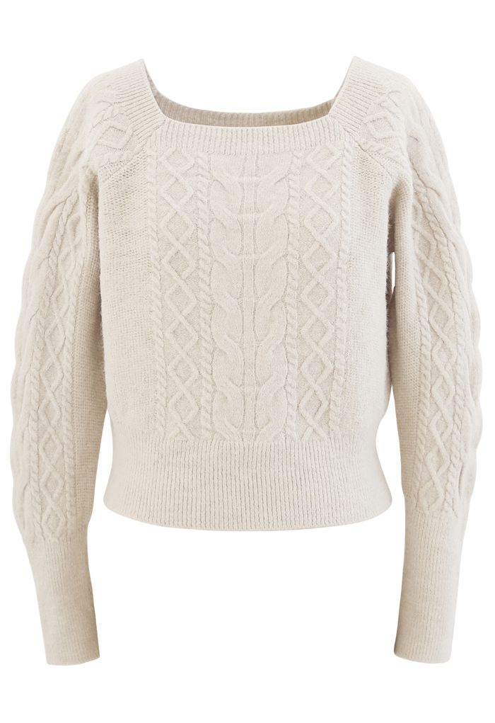 Cropped Square Neck Braid Knit Sweater in Ivory - Retro, Indie and ...