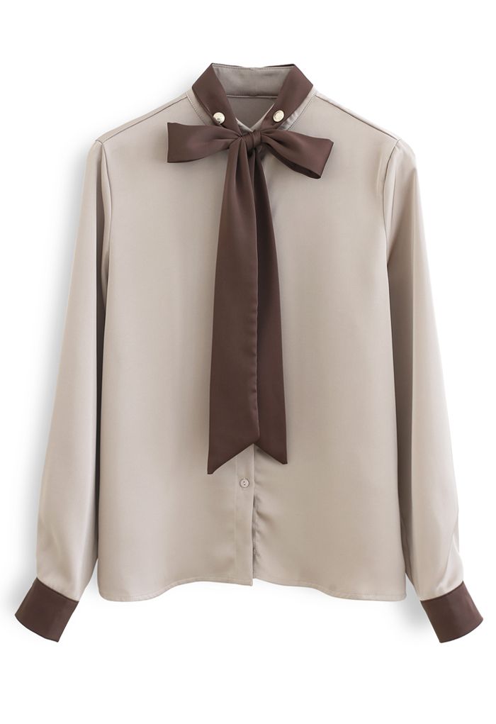Bow Tie Neck Satin Button Down Shirt in Light Tan - Retro, Indie and ...