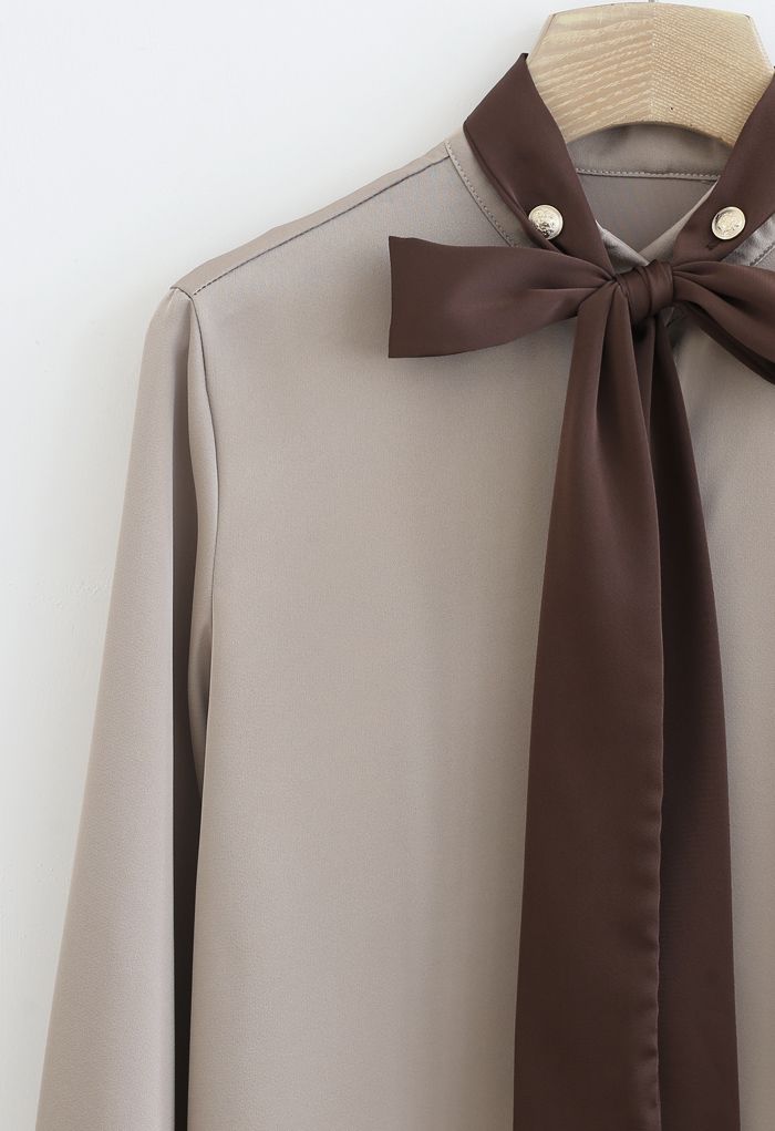 Bow Tie Neck Satin Button Down Shirt in Light Tan