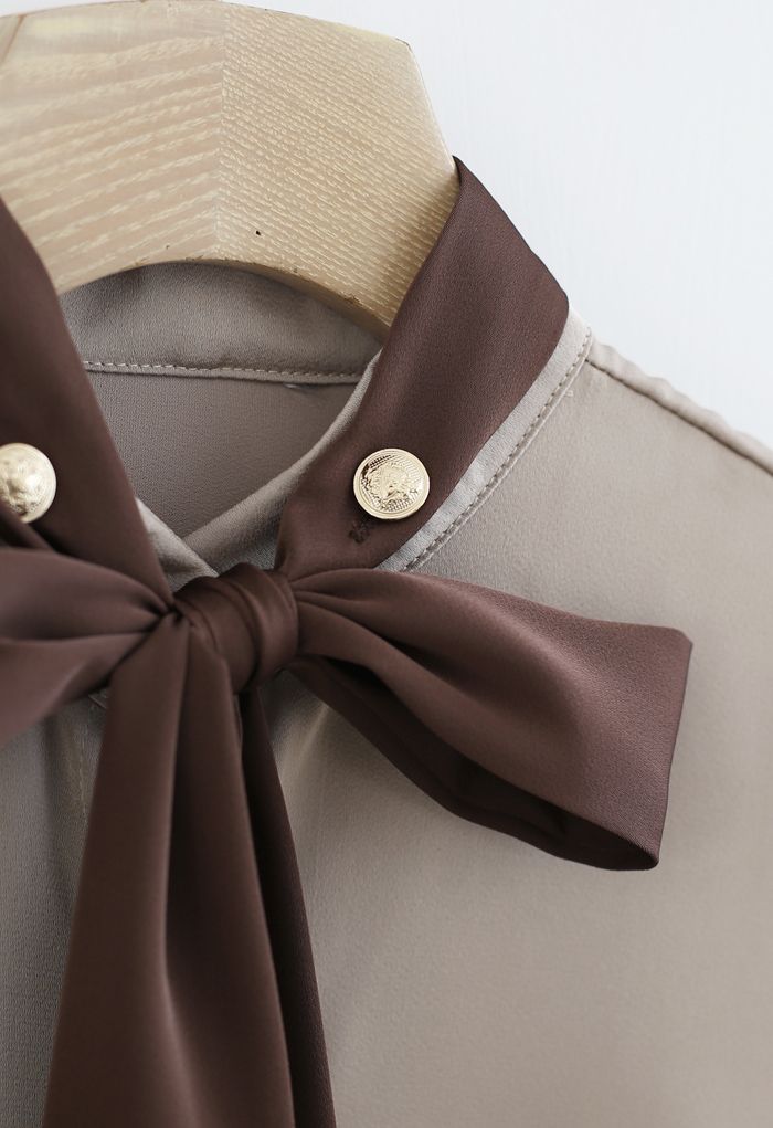 Bow Tie Neck Satin Button Down Shirt in Light Tan