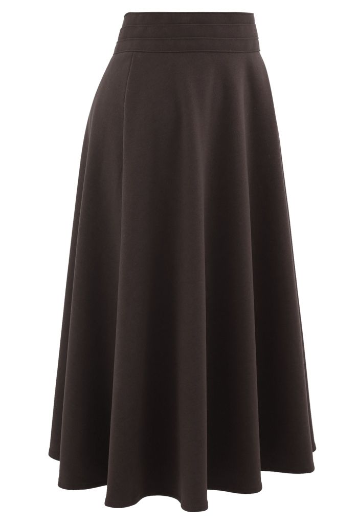 High Waist A-Line Flare Midi Skirt in Brown