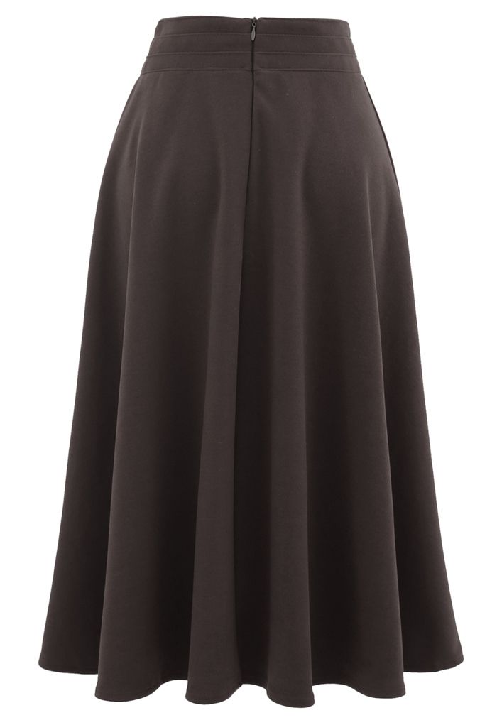 High Waist A-Line Flare Midi Skirt in Brown