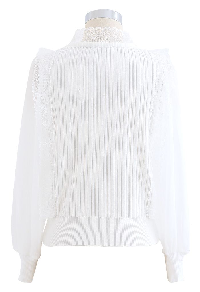 Lacy V-Neck Sheer-Sleeve Knit Top in White