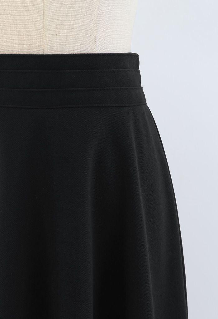 High Waist A-Line Flare Midi Skirt in Black