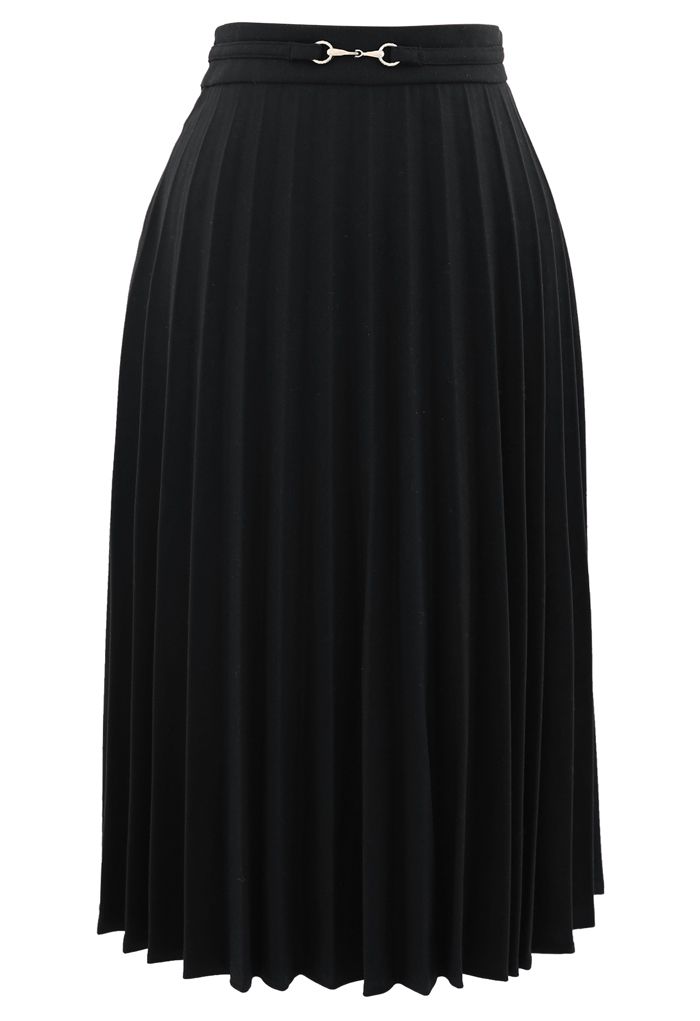 Horsebit Trims Wool-Blend Pleated Midi Skirt in Black