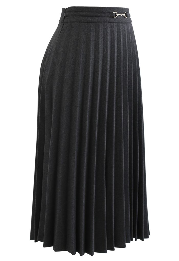 Horsebit Trims Wool-Blend Pleated Midi Skirt in Grey