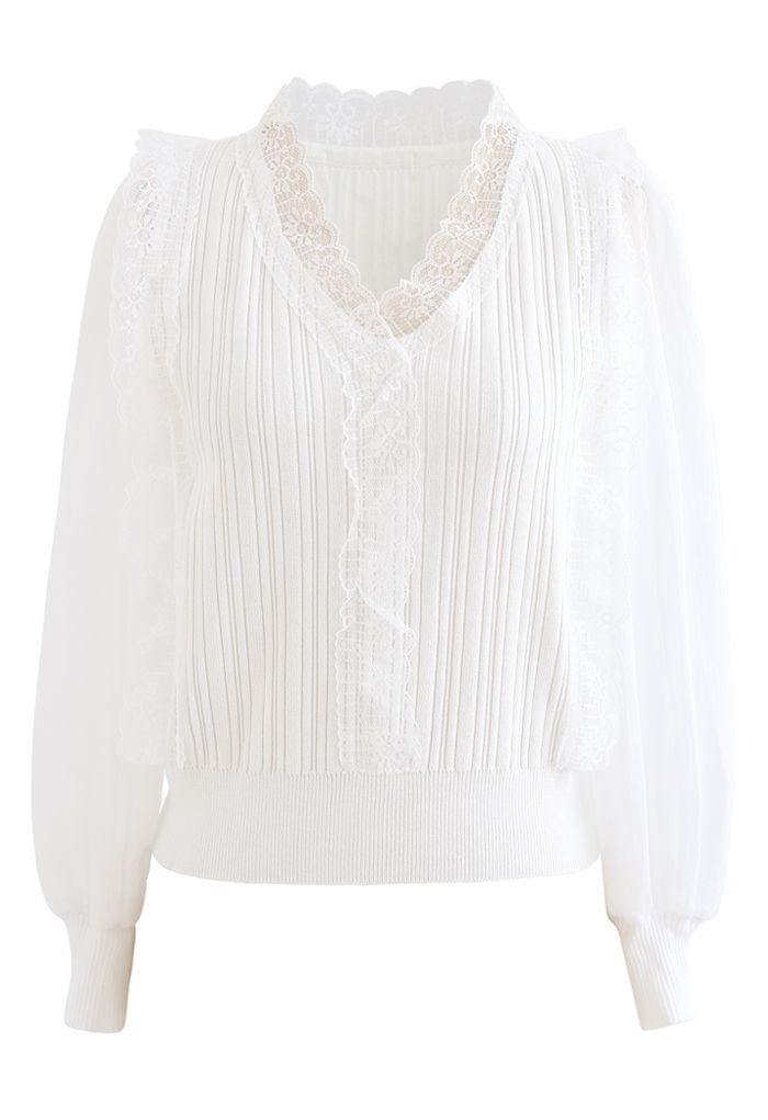 Lacy V-Neck Sheer-Sleeve Knit Top in White