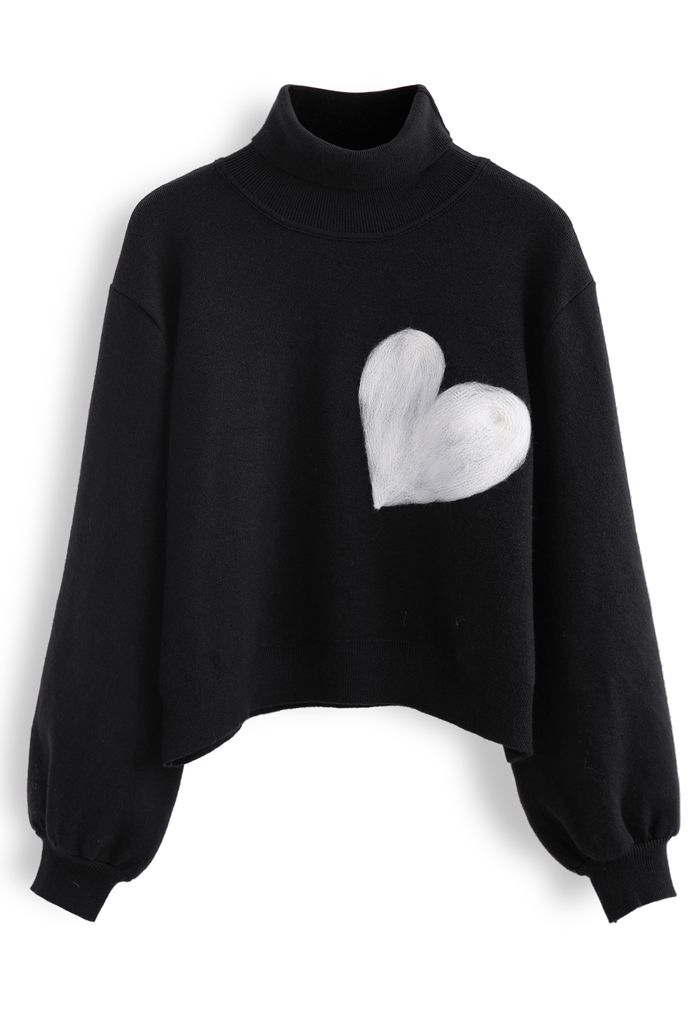 Embroidered Heart High Neck Knit Sweater in Black