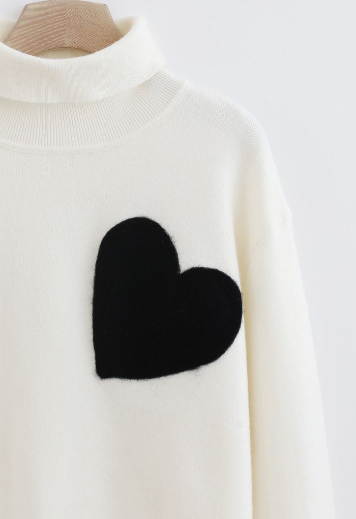 Embroidered Heart High Neck Knit Sweater in Ivory - Retro, Indie and ...