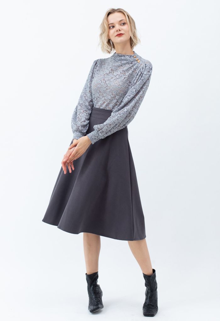 High Waist A-Line Flare Midi Skirt in Smoke - Retro, Indie and Unique ...