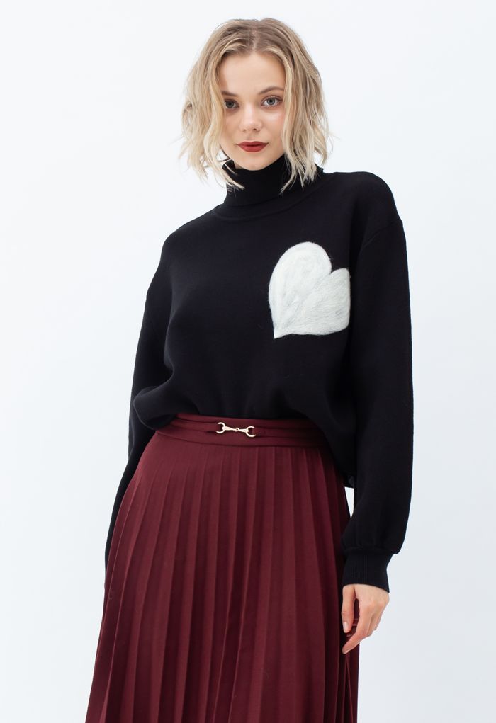 Embroidered Heart High Neck Knit Sweater in Black