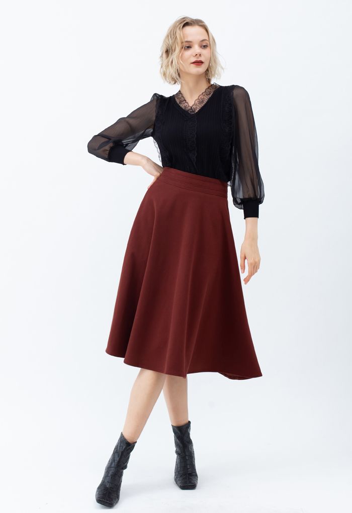High Waist A-Line Flare Midi Skirt in Red