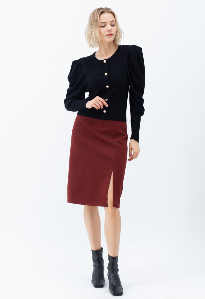 Side Slit Midi Pencil Skirt in Red - Retro, Indie and Unique Fashion