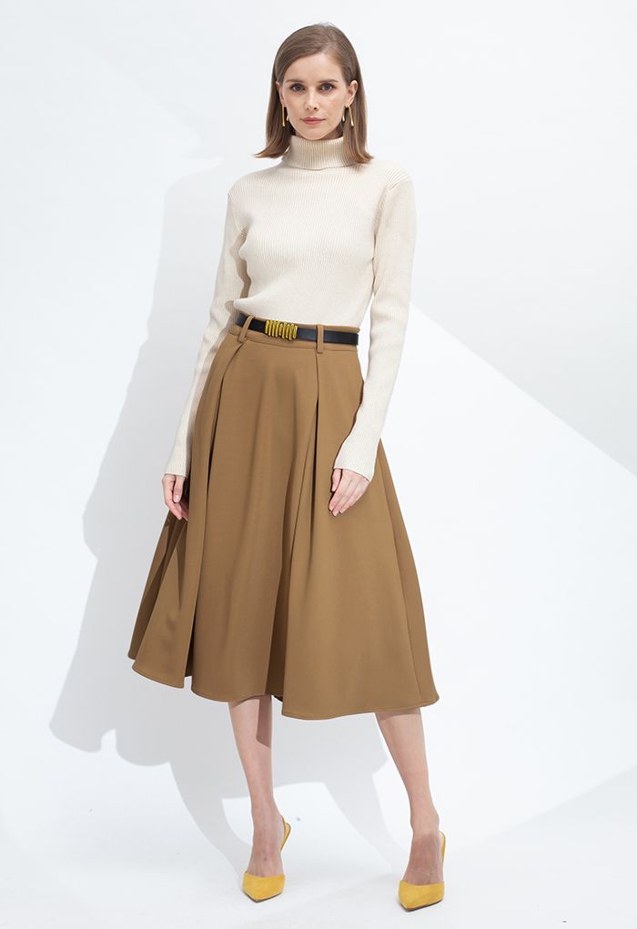 Versatile A-Line Belted Midi Skirt in Tan - Retro, Indie and