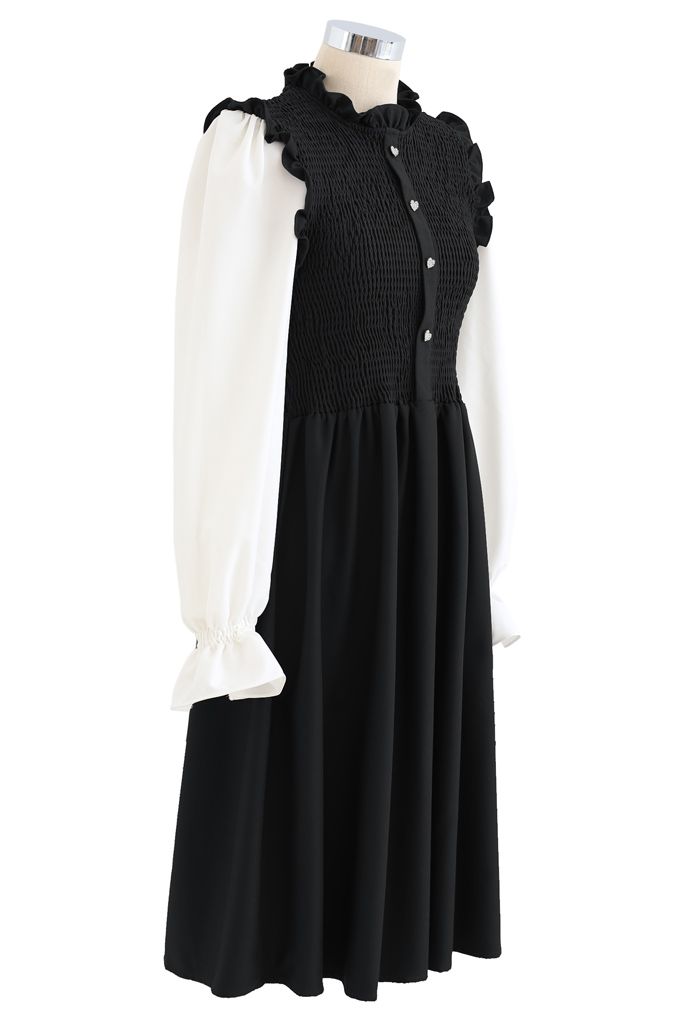 Shirred Spliced Sleeves Ruffle Dress in Black - Retro, Indie and Unique ...
