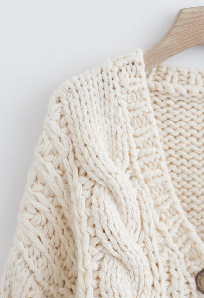 V-Neck Crop Hand-Knit Chunky Cardigan in Cream