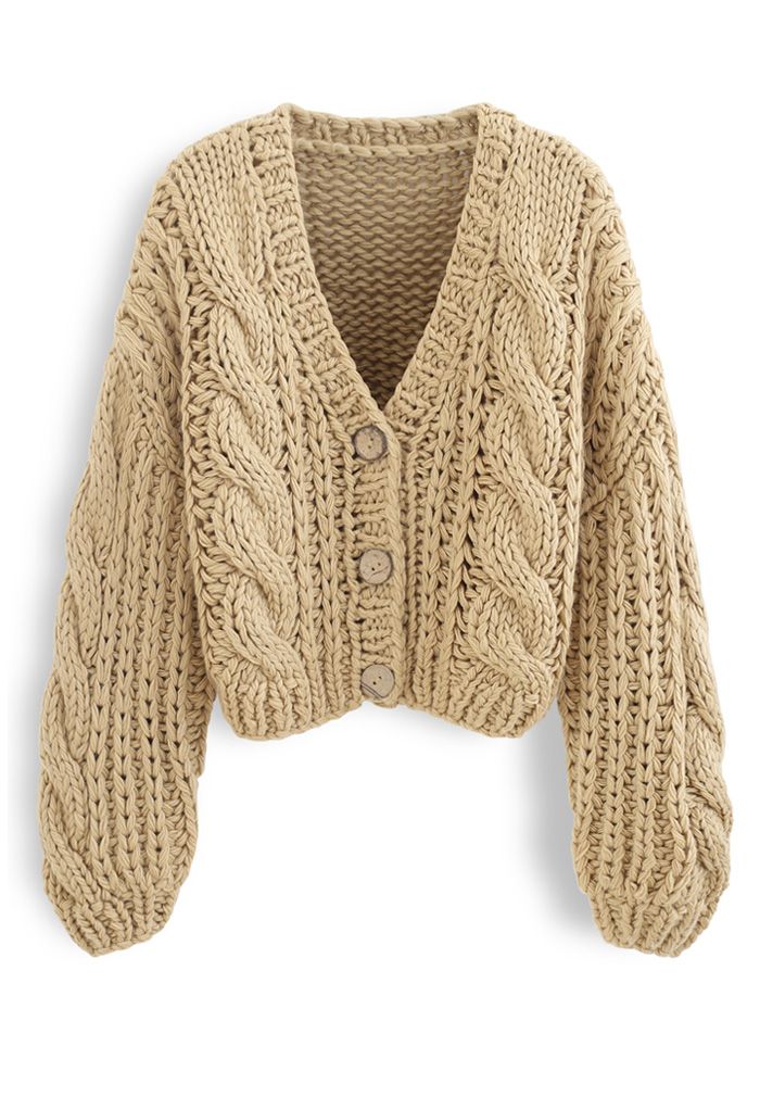 V-Neck Crop Hand-Knit Chunky Cardigan in Camel