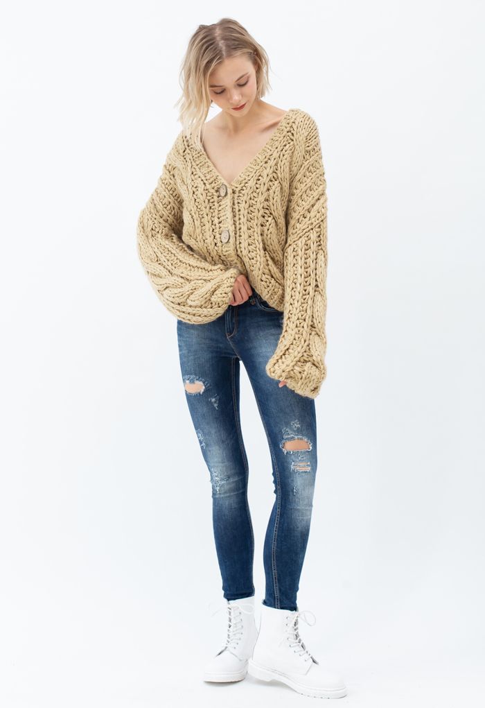 V-Neck Crop Hand-Knit Chunky Cardigan in Camel
