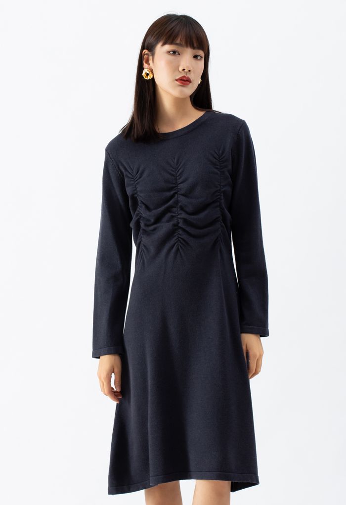 Ruched Front Flare Knit Midi Dress in Smoke