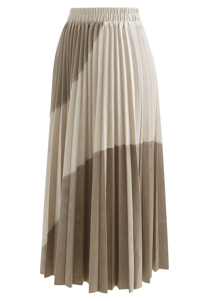 Velvet Color Blocked Pleated Midi Skirt in Light Tan