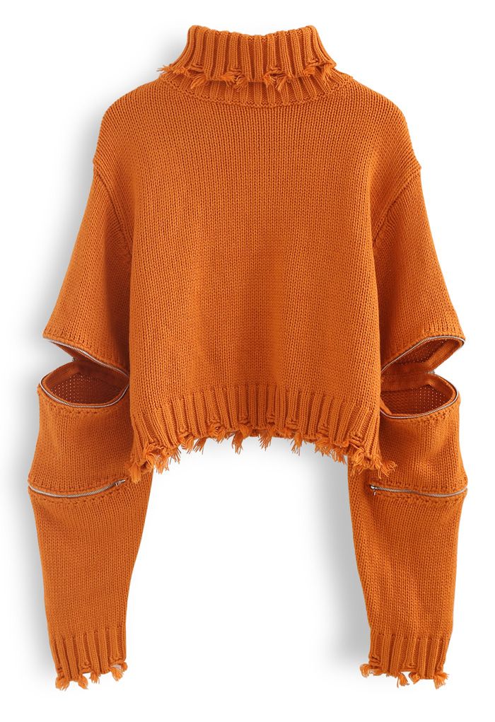 Zipper Sleeves Turtleneck Crop Knit Sweater in Orange