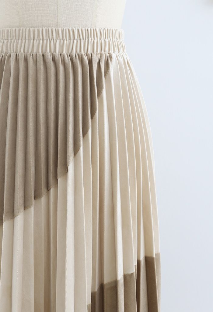 Velvet Color Blocked Pleated Midi Skirt in Light Tan