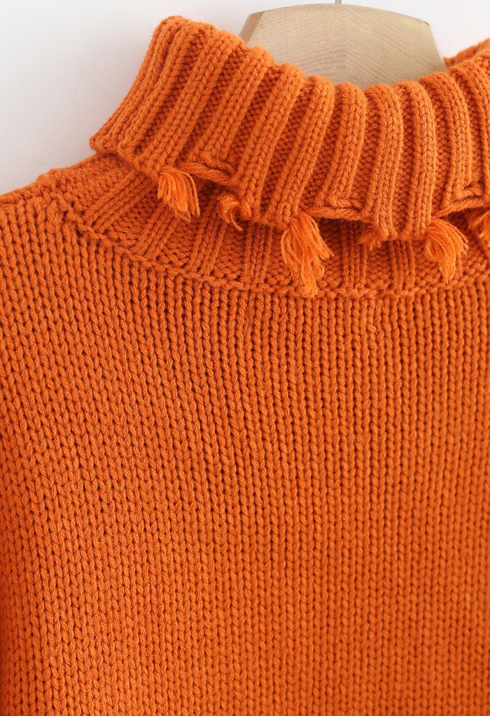 Zipper Sleeves Turtleneck Crop Knit Sweater in Orange
