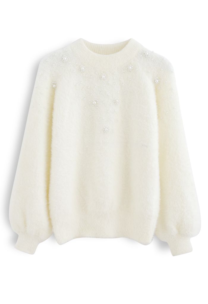 Pearl Trim Fuzzy Rib Knit Sweater in Ivory