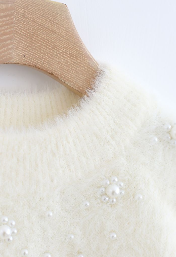 Pearl Trim Fuzzy Rib Knit Sweater in Ivory