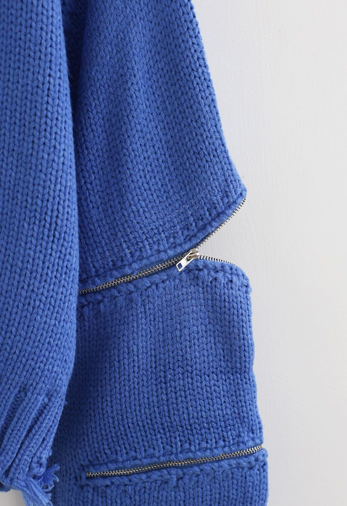 Zipper Sleeves Turtleneck Crop Knit Sweater in Blue