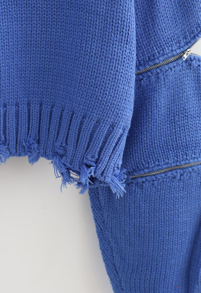 Zipper Sleeves Turtleneck Crop Knit Sweater in Blue