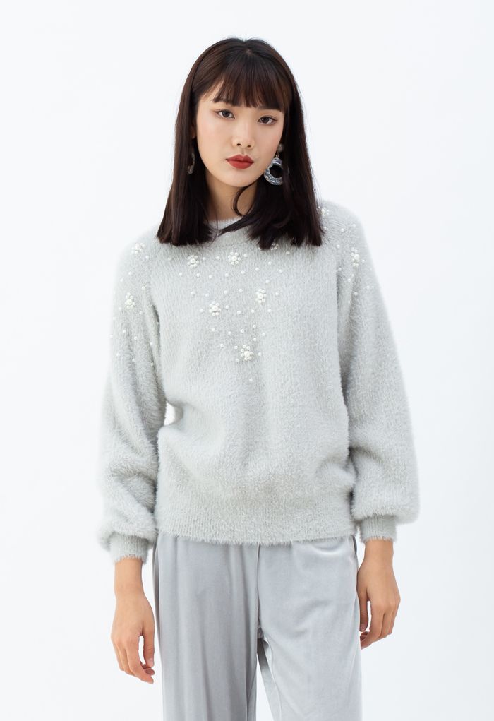Pearl Trim Fuzzy Rib Knit Sweater in Grey