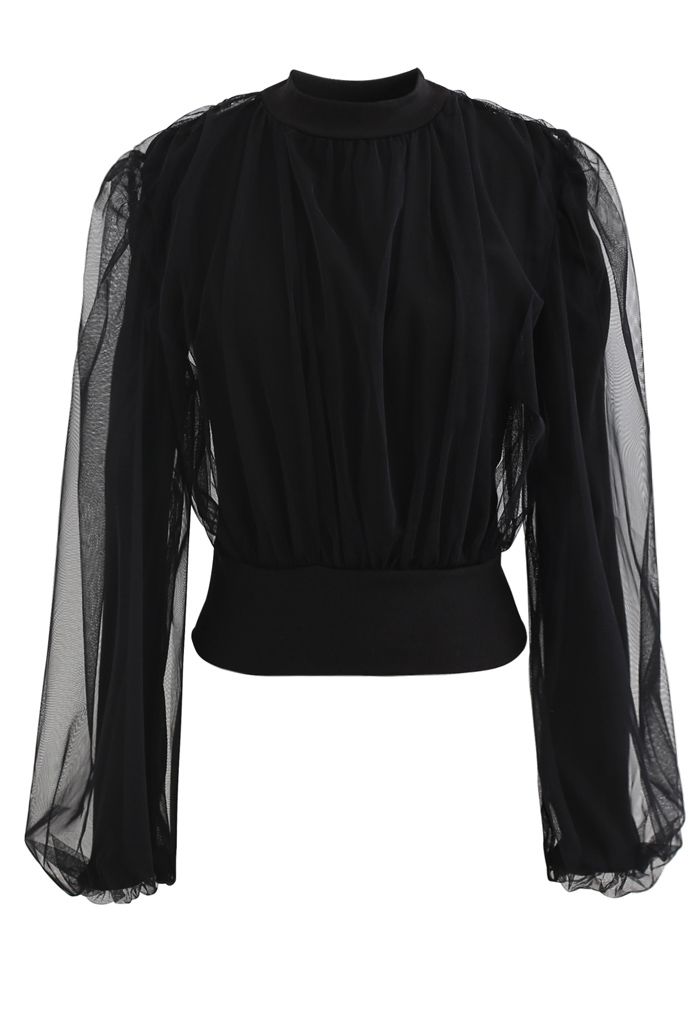 Sheer Mesh Overlay Ribbed Knit Top in Black